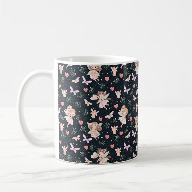 Sömlöst mönster med tecknad saga och blommor kaffemugg (Vänster)