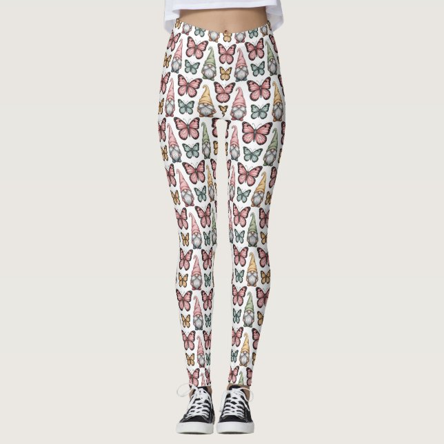 Sömlöst Mönster med Tomtar och Fjärilar Leggings (Framsida)
