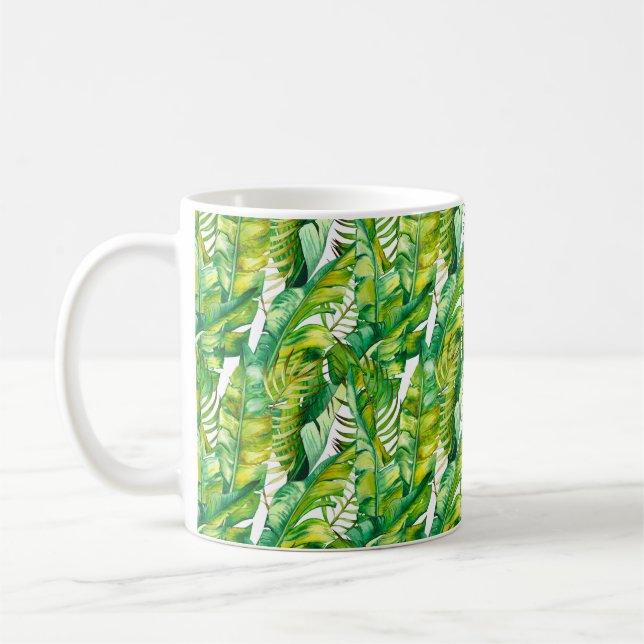 Sömlöst mönster med tropiska bananers löv. Vatten Kaffemugg (Vänster)