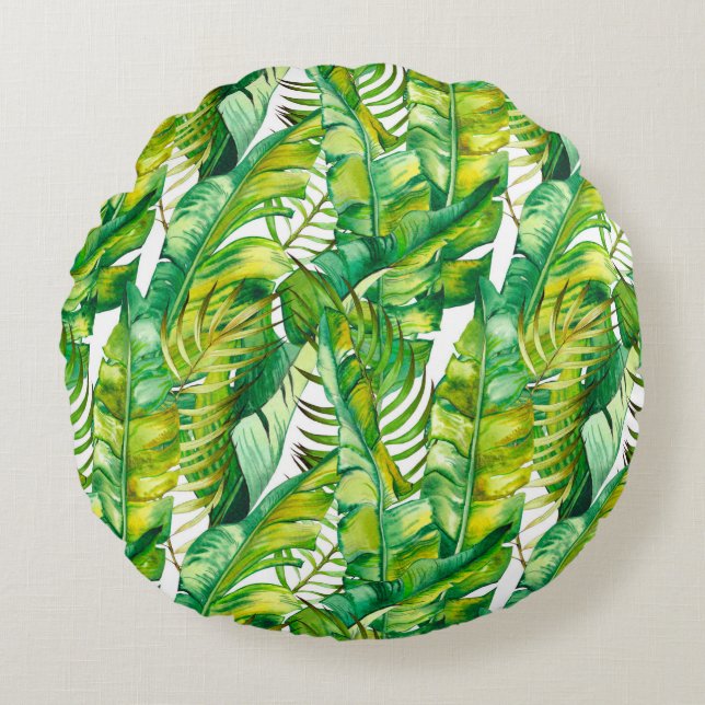 Sömlöst mönster med tropiska bananers löv. Vatten Rund Kudde (Framsidan)