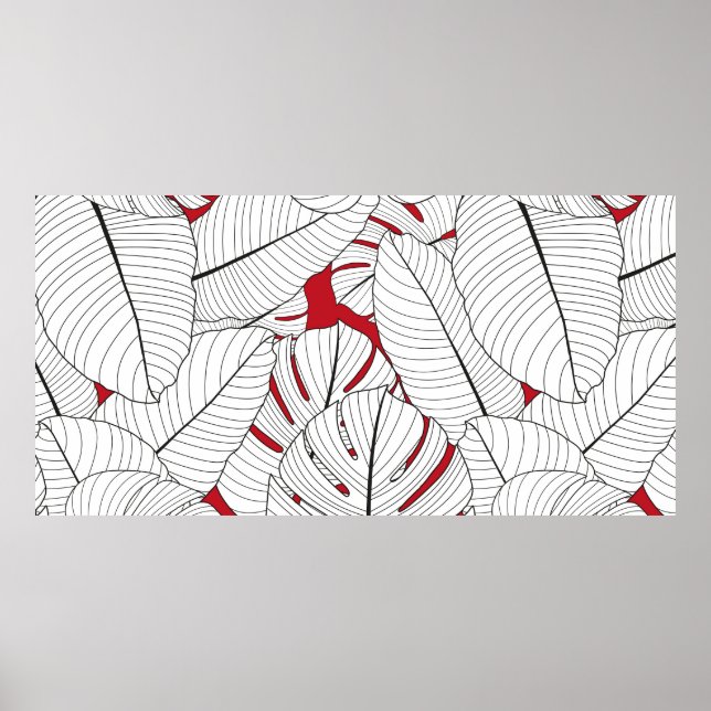 Sömlöst mönster med tropiska blad i rött och v poster (Framsidan)