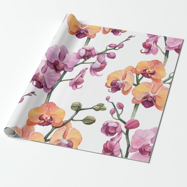 Sömlöst mönster med vattenfärgade orkidéblommor  presentpapper (Utrullad)