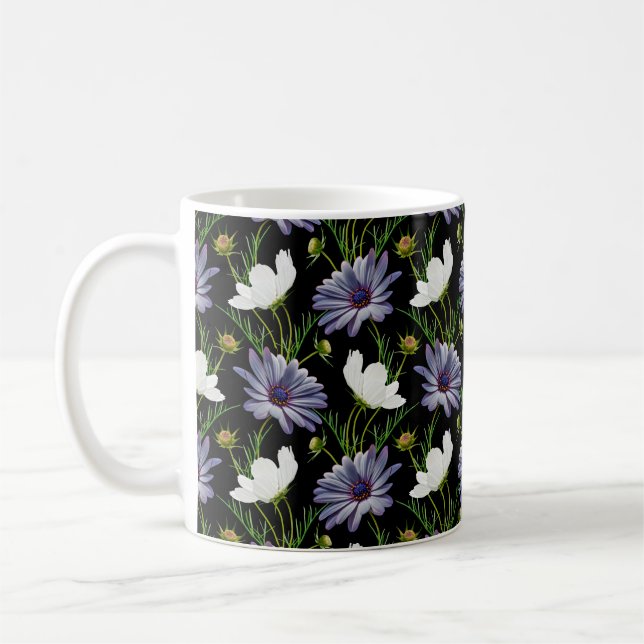 Sömlöst mönster med vit kosmos och blå daisy  kaffemugg (Vänster)