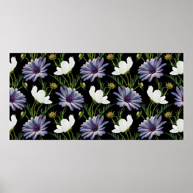 Sömlöst mönster med vit kosmos och blå daisy  poster (Framsidan)