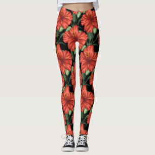 Sömlöst mönster Tropiska röda blommor gröna blad Leggings