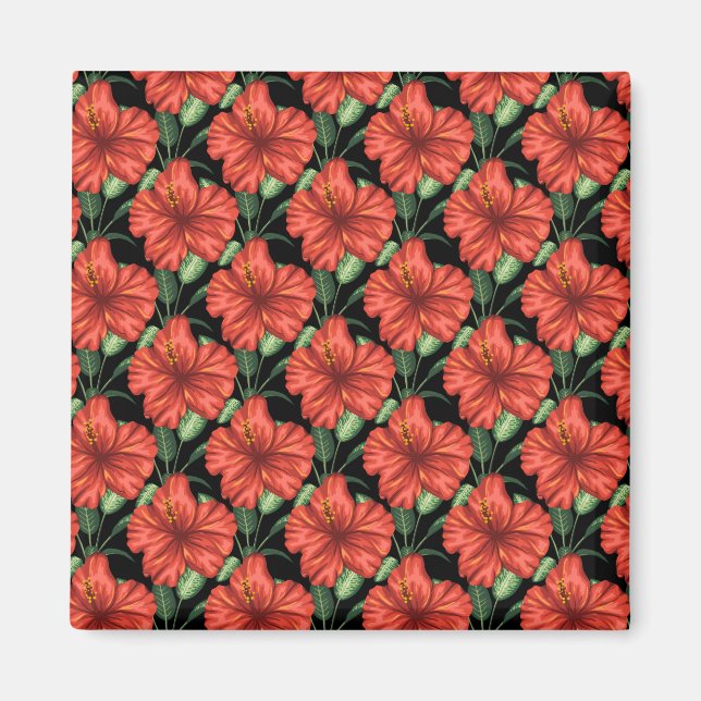 Sömlöst mönster Tropiska röda blommor gröna blad Magnet (Framsidan)