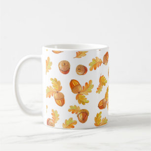 Sömlöst mönster under hösten med färglös ek löv a kaffemugg