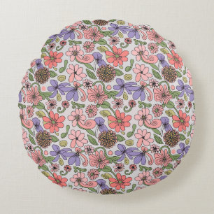 Sömlöst Retro Blommönster Boho Rund Kudde