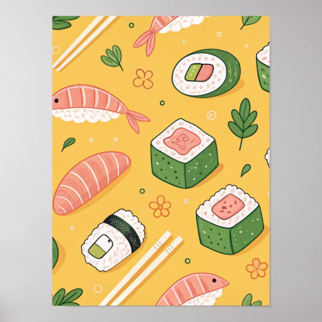 Sömlöst Sushi-mönster – Söt Japansk Mat  Poster (Framsidan)