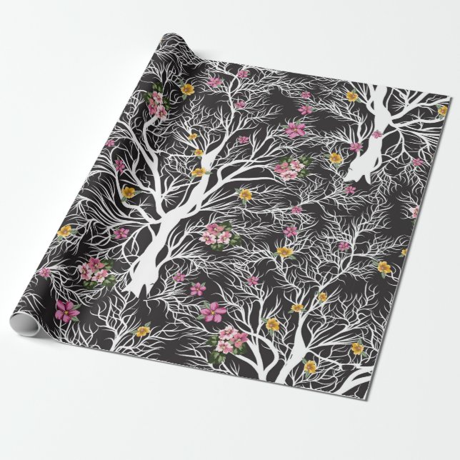 Sömlöst svart träd med färgad blomma mönster presentpapper (Utrullad)