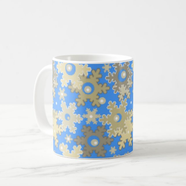 Sömlöst vinter ljusblått beige mönster snöflinga kaffemugg (Framsida vänster)