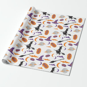 Sömlöst Witch och Broom Wrapping Papper med Måne Presentpapper