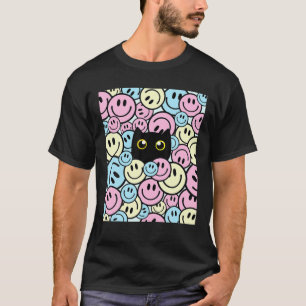 Sömmande Ansikte Lycklig Smile Cute Cat Rosa Blue T Shirt