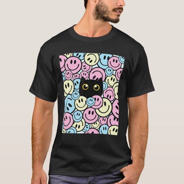 Sömmande Ansikte Lycklig Smile Cute Cat Rosa Blue  T Shirt (Framsida)