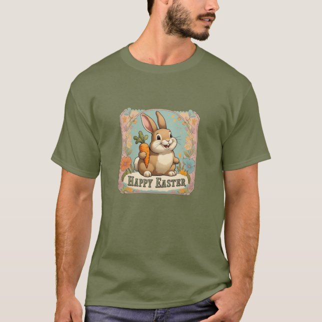 Sömmande Bunny med Carrot Blommigt Glad påsk T Shirt (Framsida)