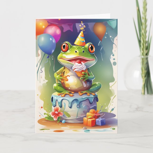 Sömmande Frog på födelsedagskummel! Kort (Framsida)