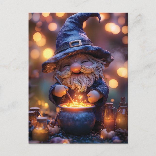 Sömmande Gnome Stirring Magic Pot Helg Vykort (Framsida)