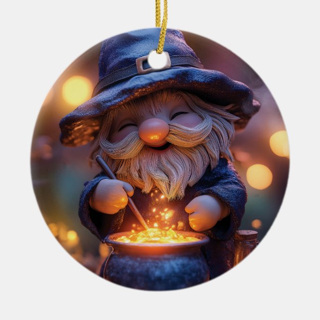 Sömmande Gnome Stirring Magic Pot Julgransprydnad Keramik (Framsidan)