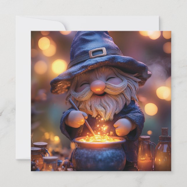Sömmande Gnome Stirring Magic Pot Julkort (Framsida)