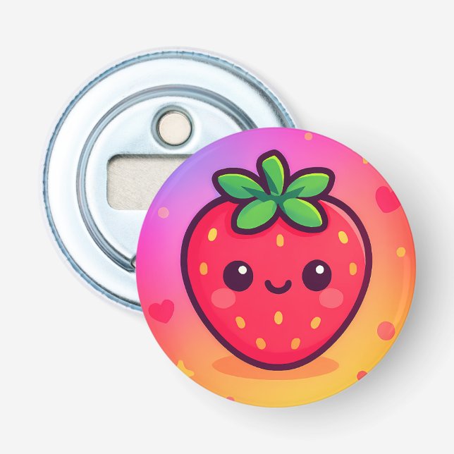 Sömmande Kawaii Strawberry på Pastel Gradient Back Flasköppnare (Framsidan)