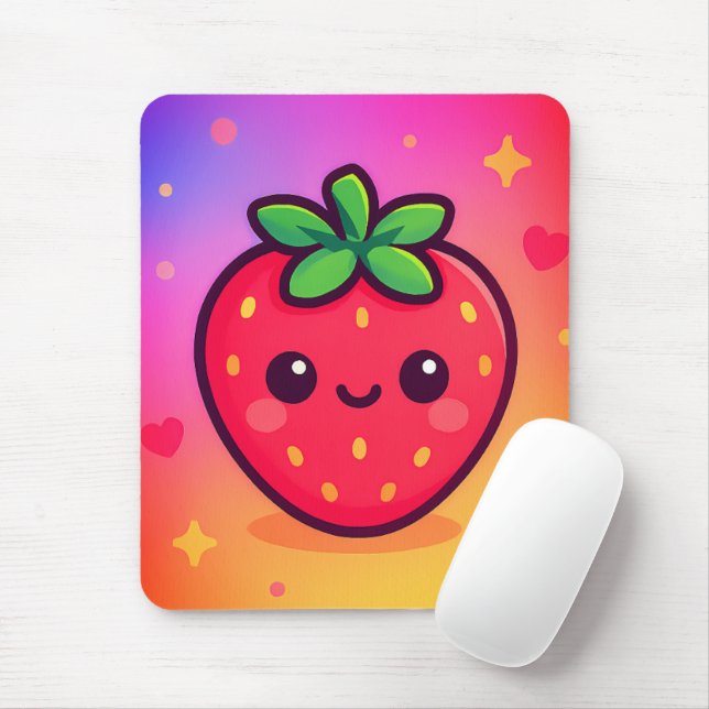 Sömmande Kawaii Strawberry på Pastel Gradient Back Musmatta (Med mus)