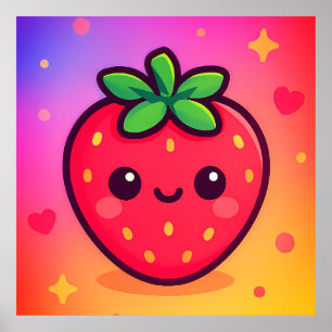 Sömmande Kawaii Strawberry på Pastel Gradient Back Poster
