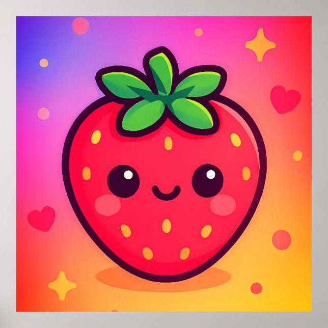 Sömmande Kawaii Strawberry på Pastel Gradient Back Poster (Framsidan)