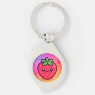 Sömmande Kawaii Strawberry på Pastel Gradient Back Swirl Silverfärgad Nyckelring