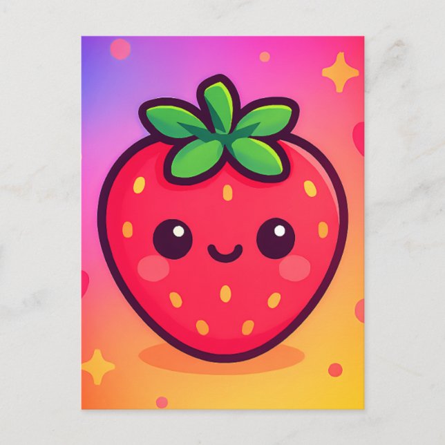 Sömmande Kawaii Strawberry på Pastel Gradient Back Vykort (Framsida)