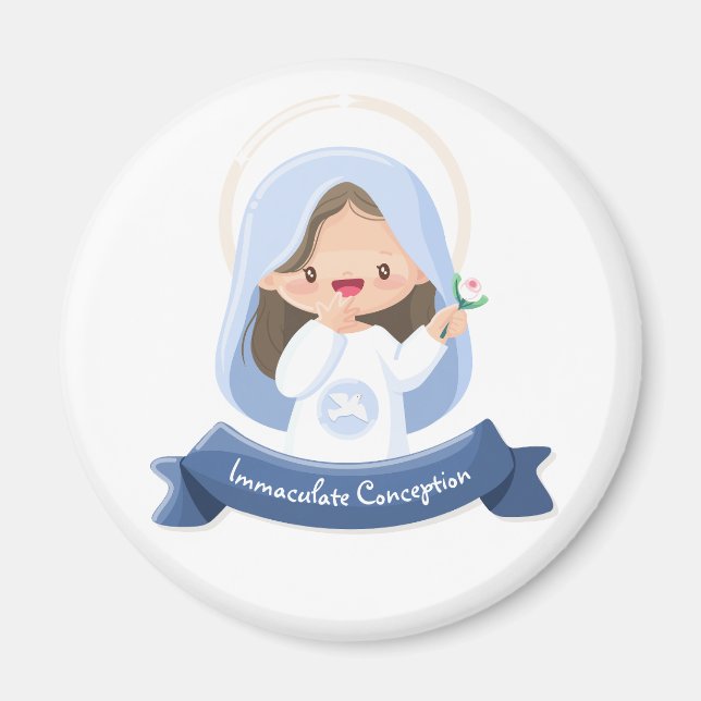 Sömmande Kawaii Virgin Mary med Flower - White Magnet (Framsidan)
