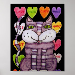 Sömmande Lila Valentine Cat Candy Hearts Black Poster