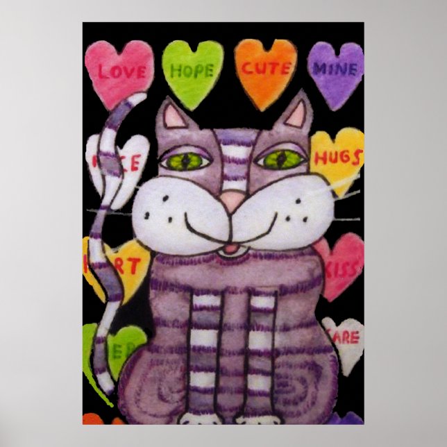 Sömmande Lila Valentine Cat Candy Hearts Black Poster (Framsidan)