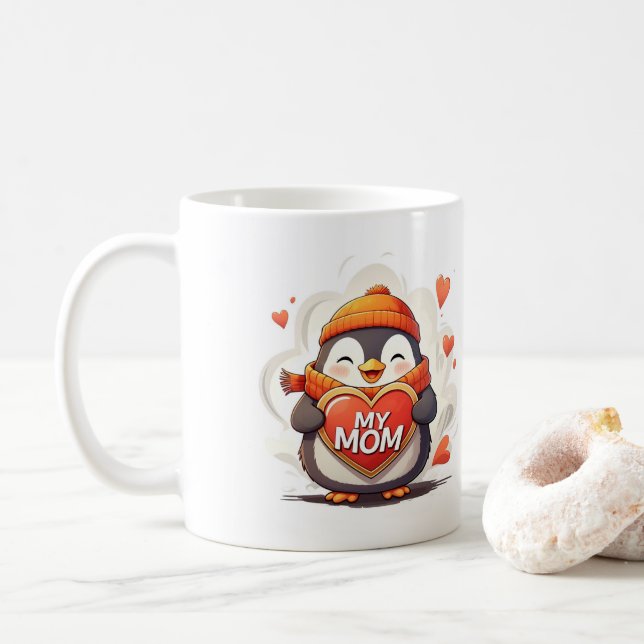 Sömmande Penguin med hjärttecken "MY MAMMA" Kaffemugg (Med munk)