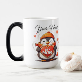 Sömmande Penguin med hjärttecken MY MAMMA Magisk Mugg