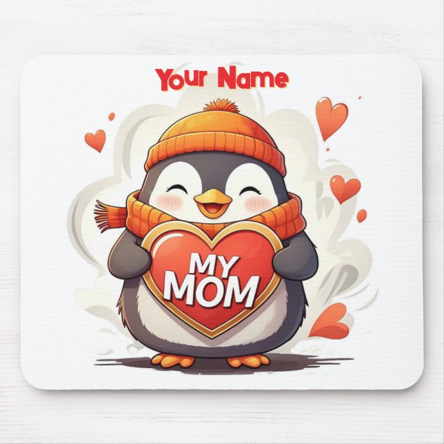 Sömmande Penguin med hjärttecken MY MAMMA Musmatta (Framsidan)