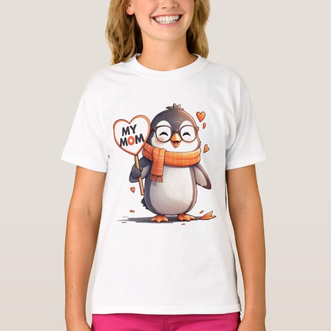 Sömmande Penguin med hjärttecken MY MAMMA T Shirt (Framsida)