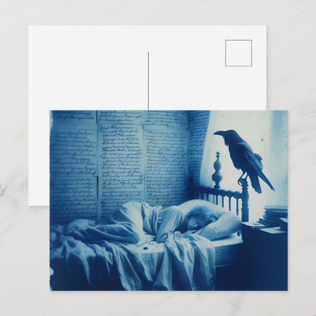Sömmande person och en Raven Poe Vykort (Fram/baksida)