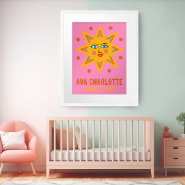 Sömmande Retro Sol ANPASSNINGSBAR BABY NAMN BIRTHD Poster