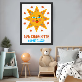 Sömmande Retro Sol ANPASSNINGSBAR BABY NAMN BIRTHD Poster