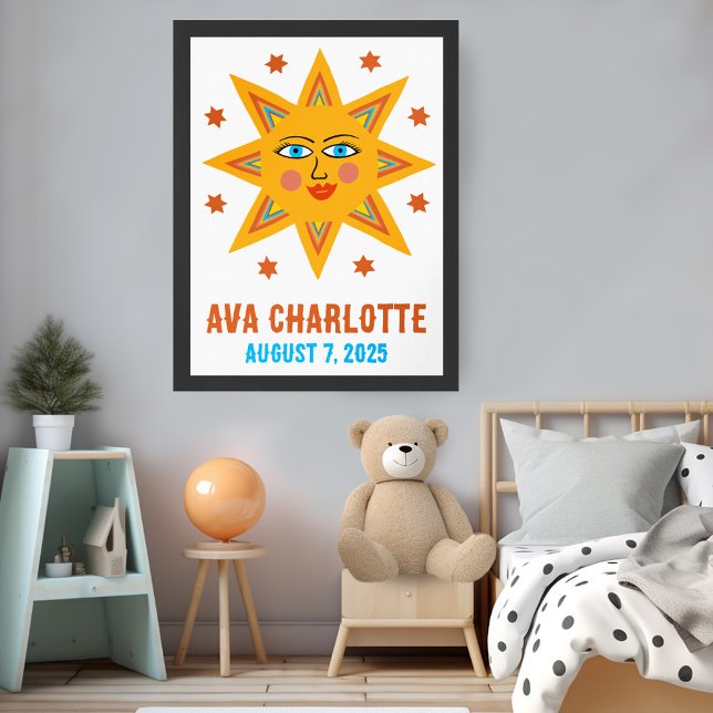Sömmande Retro Sol ANPASSNINGSBAR BABY NAMN BIRTHD Poster (Smiling Retro Boho Sun CUSTOM BABY NAME BIRTHDATE Art Poster
)