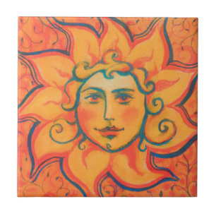 Sömmande Sol, Fairytale Fantasy Art, Orange Gult Kakelplatta