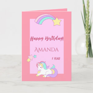 Sömmande, söt Unicorn lycklig, 1:a födelsedag Kort