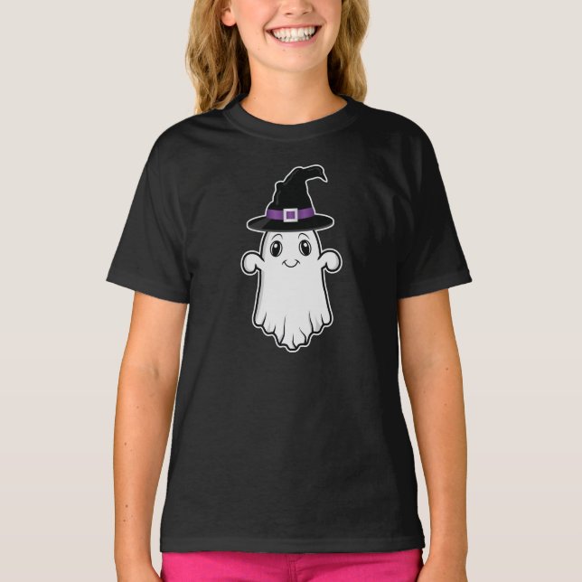 Sömmande Tecknad Ghost Witch Hat Halloween T Shirt (Framsida)