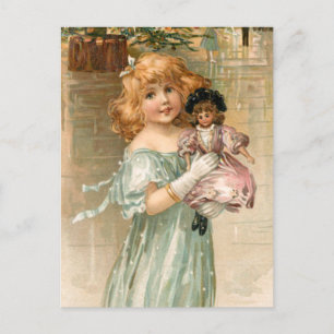 Sömmande Victorian Girl med Doll vid jul Boll Helg Vykort