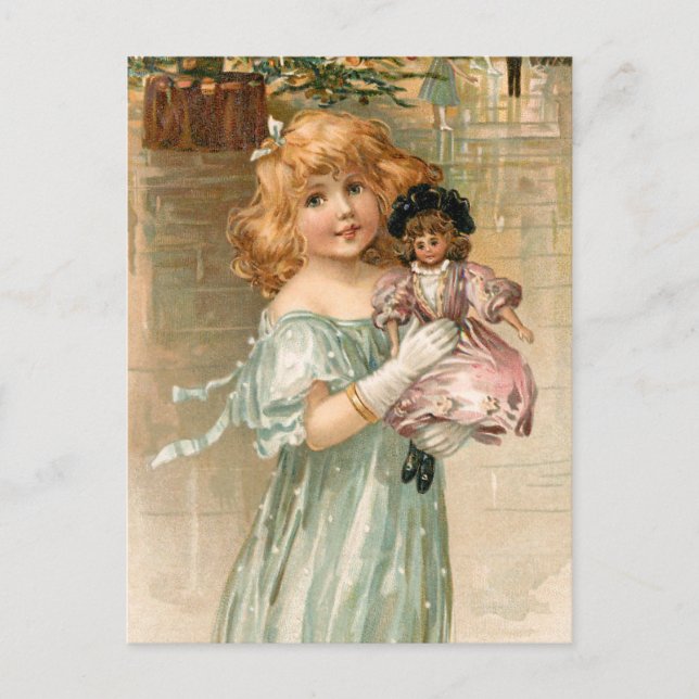 Sömmande Victorian Girl med Doll vid jul Boll Helg Vykort (Framsida)
