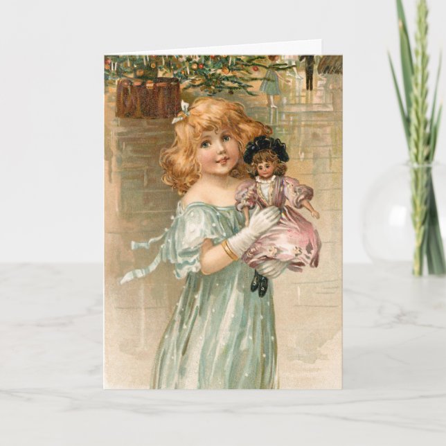 Sömmande Victorian Girl med Doll vid jul Boll Helgkort (Framsida)