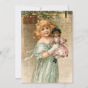 Sömmande Victorian Girl med Doll vid jul Boll Julkort