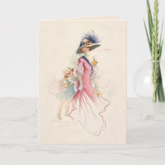 Sömmande Victorian Mor och Dotter Helgdag Card Helgkort (Framsida)