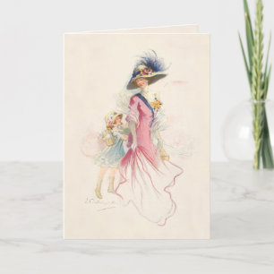Sömmande Victorian Mor och Dotter Helgdag Card Helgkort