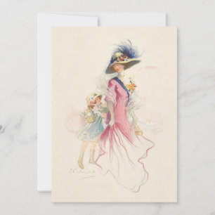Sömmande Victorian Mor och Dotter Helgdag Card Julkort